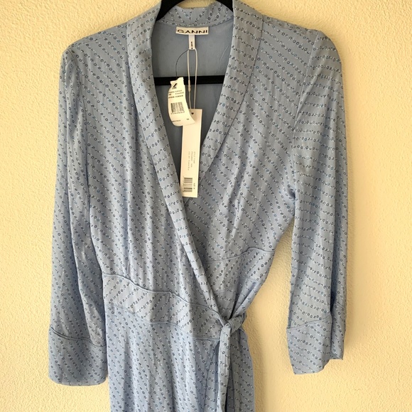 NEW! Ganni Blue Floral High Low Wrap Dress Size 8-10 - Picture 9 of 10